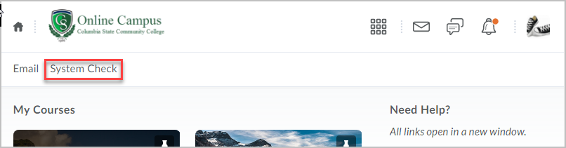 Online Campus My Home page with System Check highlighted