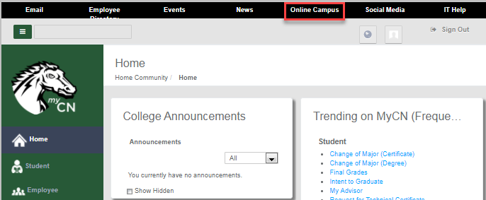 MyChargernet with user logged in and Online Campus highlighted