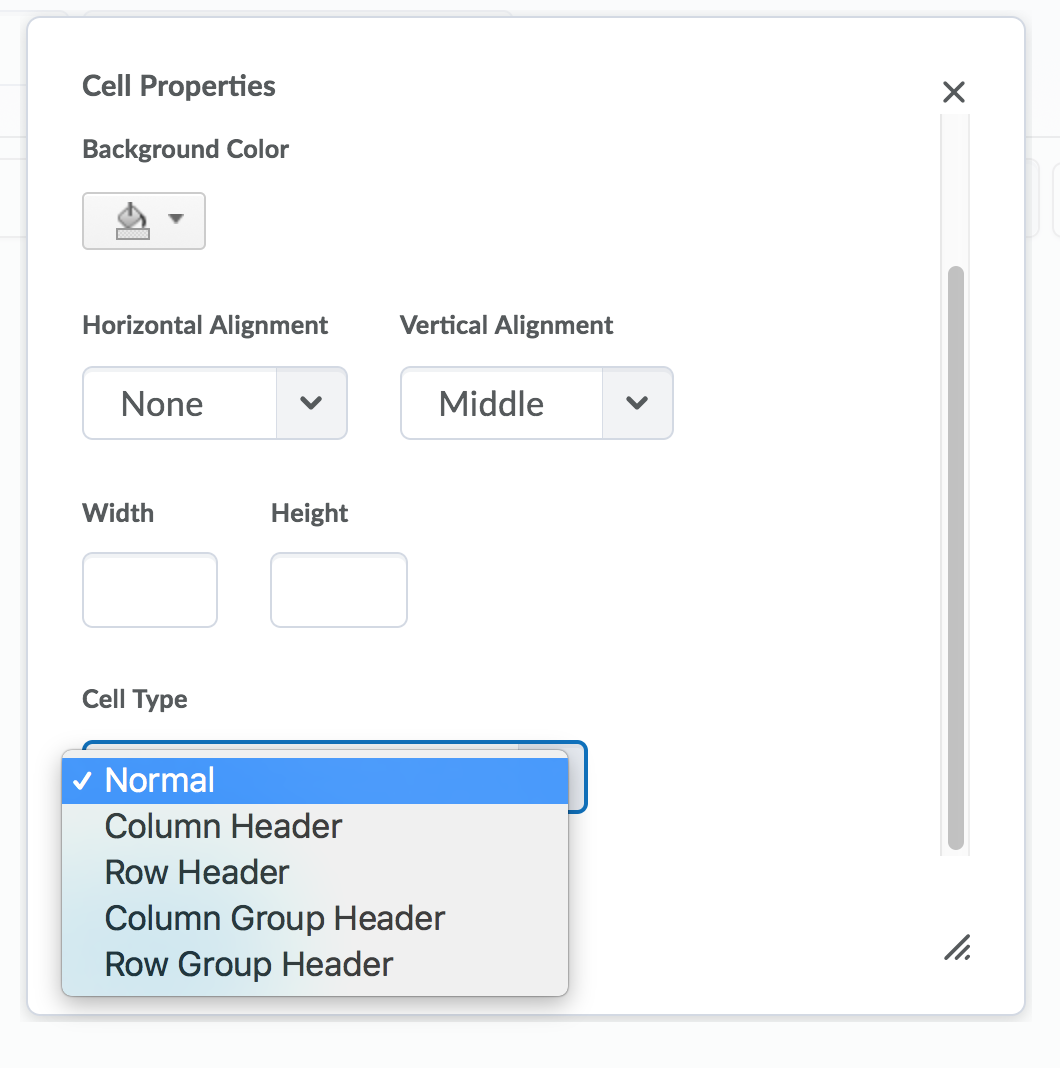 Cell Properties Option