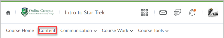 Online Campus - Course toolbar with Content highlighted